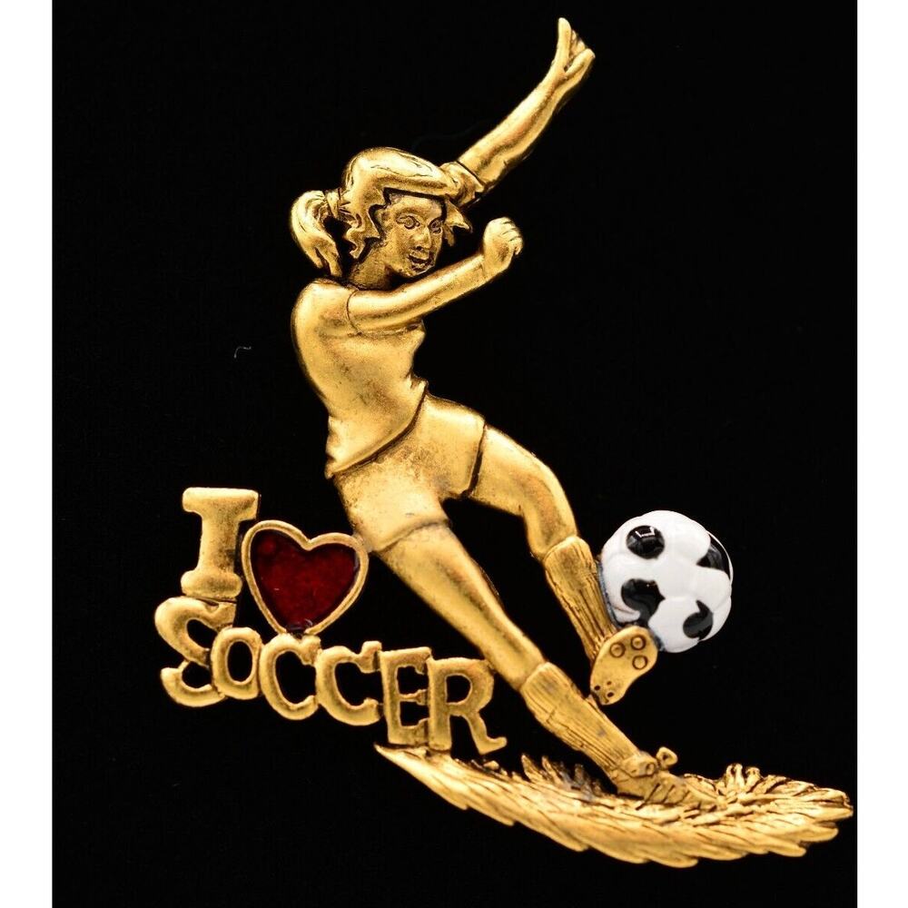 AJC Vintage I Love Soccer Pin Brooch Gold Women Girls World Cup Signed 80s BinA4